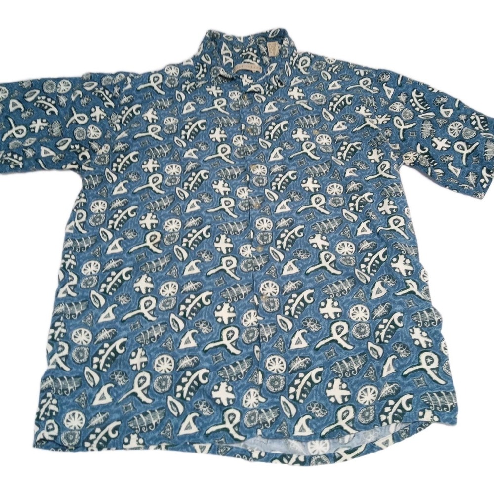 East Island Hawaiian Mens Shirt Blue Nice Design Short Sleeve Size Large